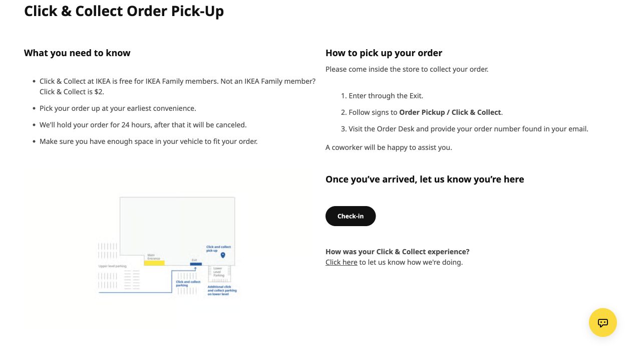IKEA Burbank desktop collection section with entry instructions, order-desk steps and a pickup diagram