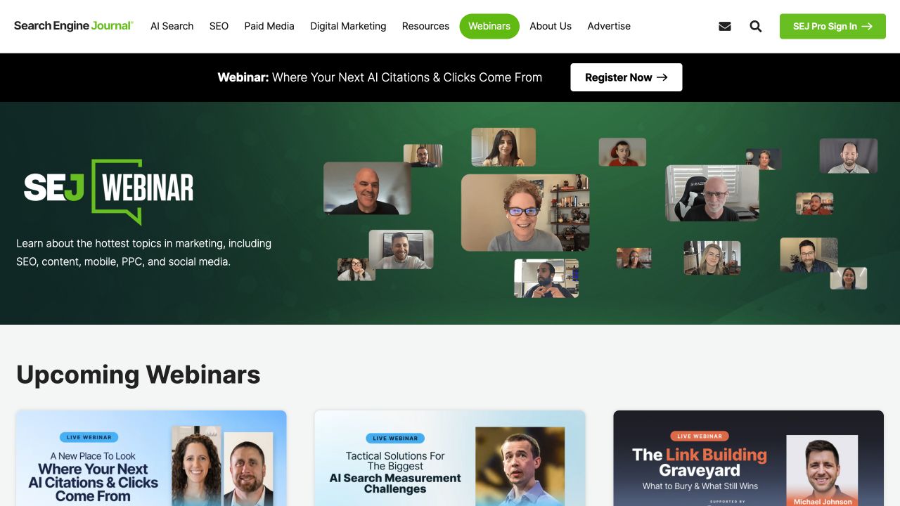 Search Engine Journal desktop webinar hub