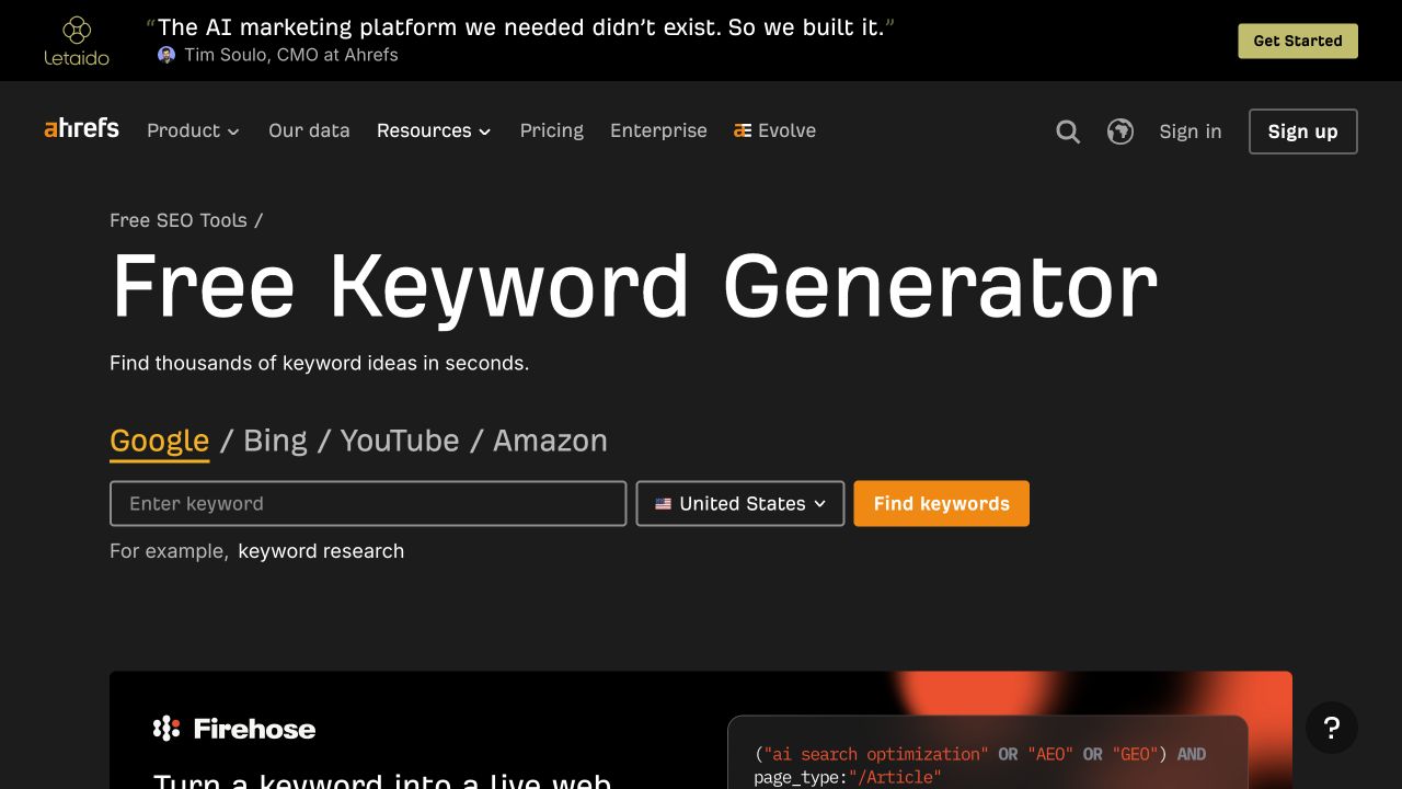 Ahrefs' desktop free keyword tool entry
