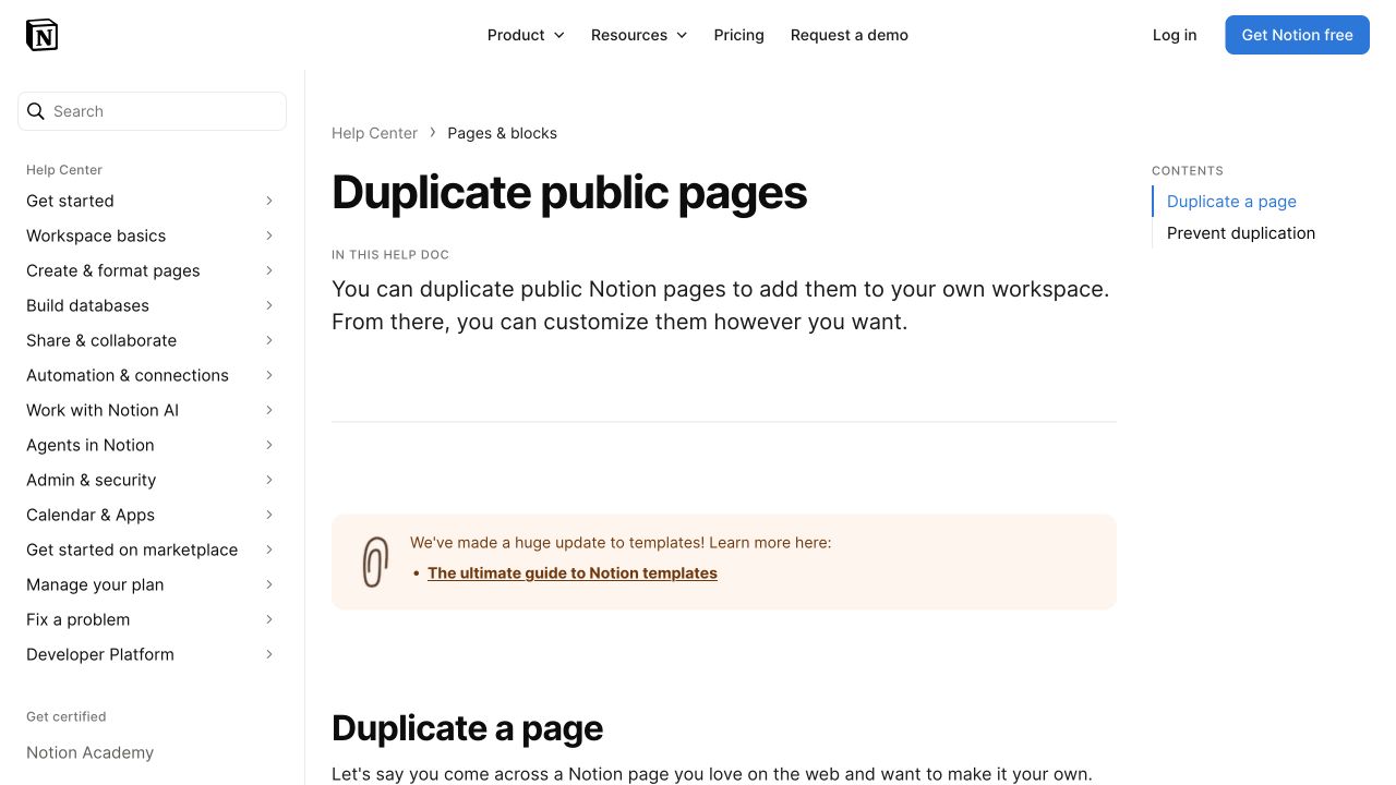Notion’s desktop duplication guide with a direct task summary and two-item contents