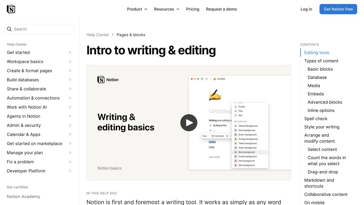 Notion’s writing and editing reference with navigation for a broader collection of tasks
