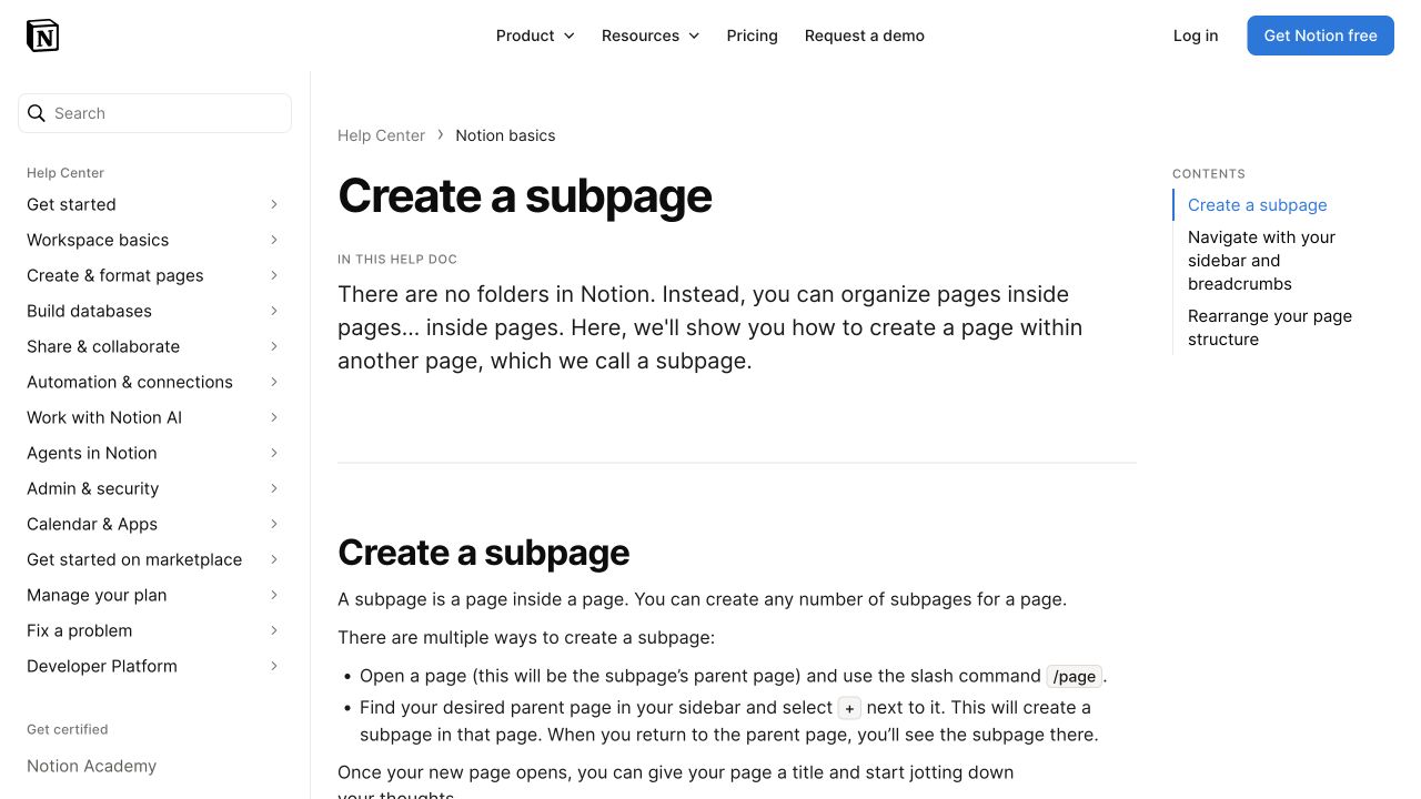 Notion’s subpage guide introducing nested pages and creation methods