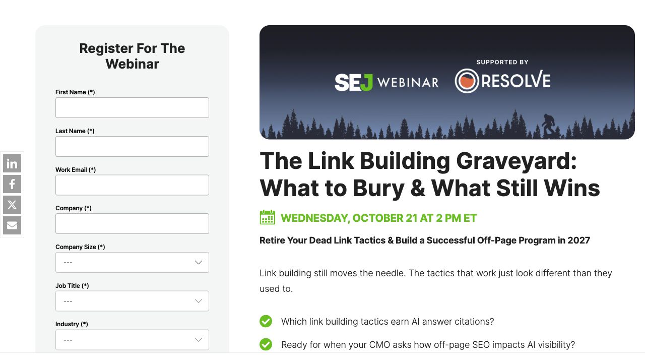 Search Engine Journal's desktop webinar registration page