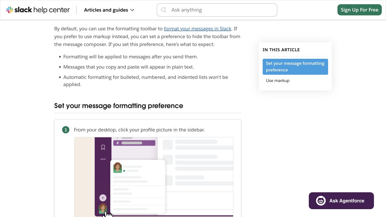 Slack’s markup preference instructions on a desktop page