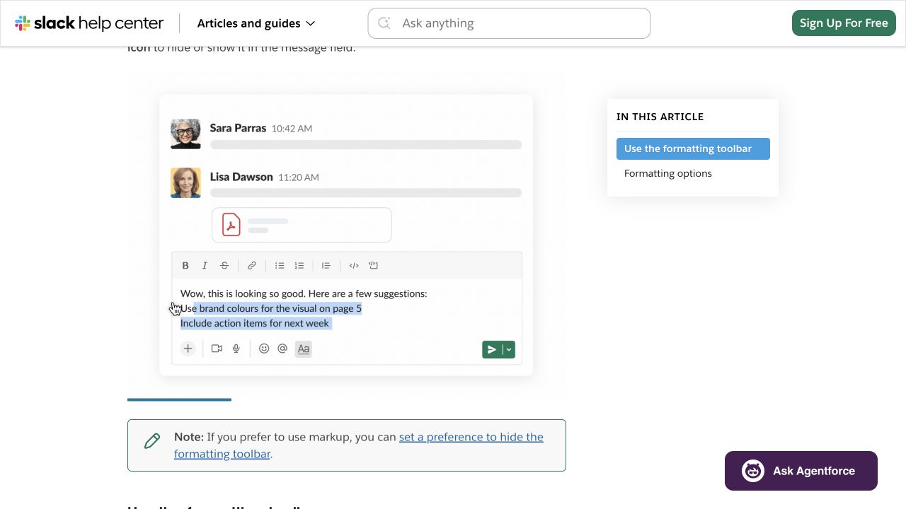 Slack’s public formatting guide and toolbar explanation