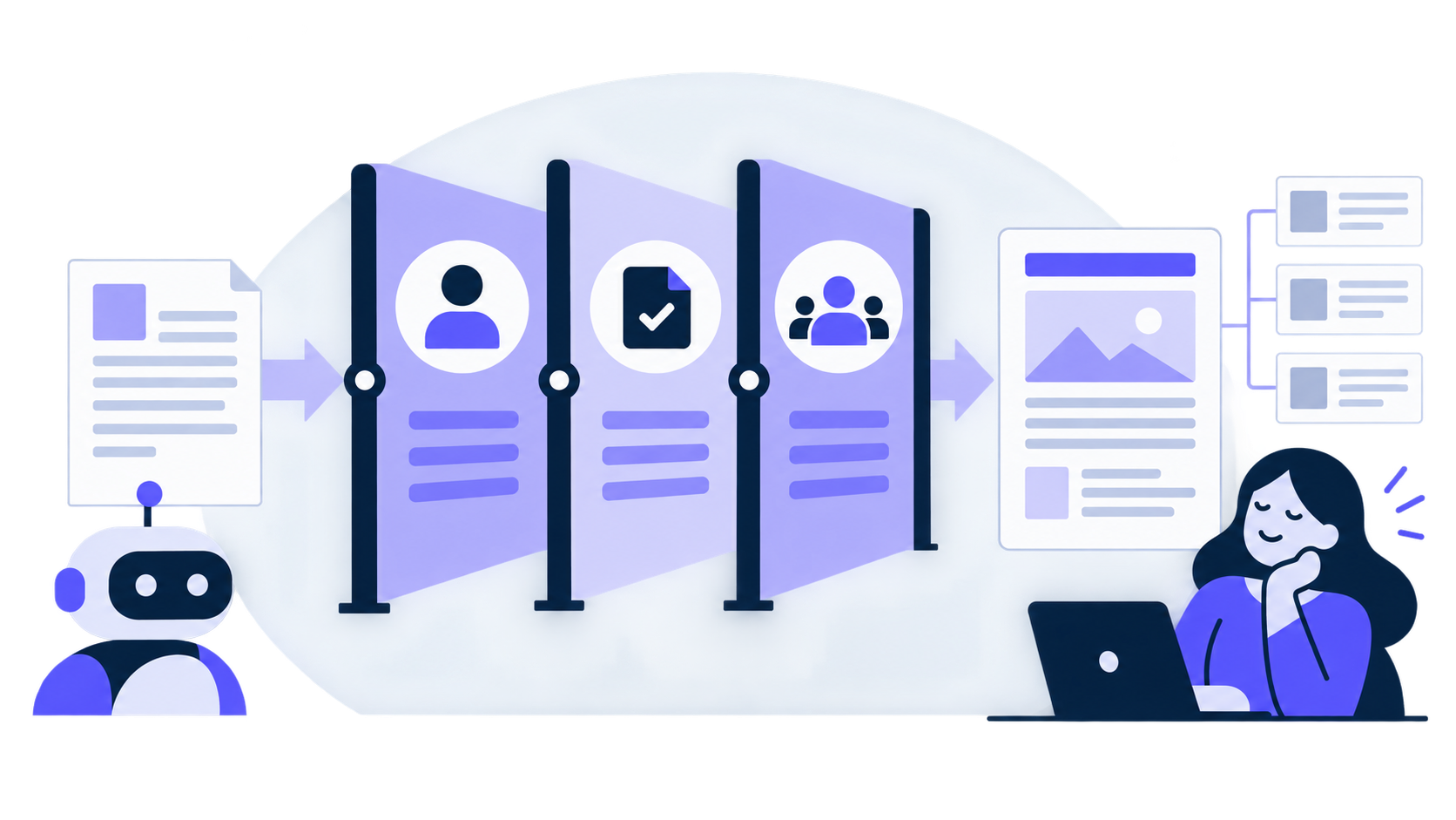 Flat vector diagram showing an AI-assisted draft moving through people-first editorial checks