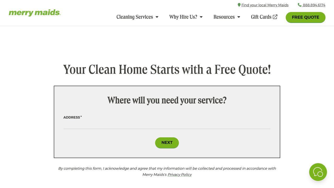 Merry Maids desktop quote entry requesting the service address