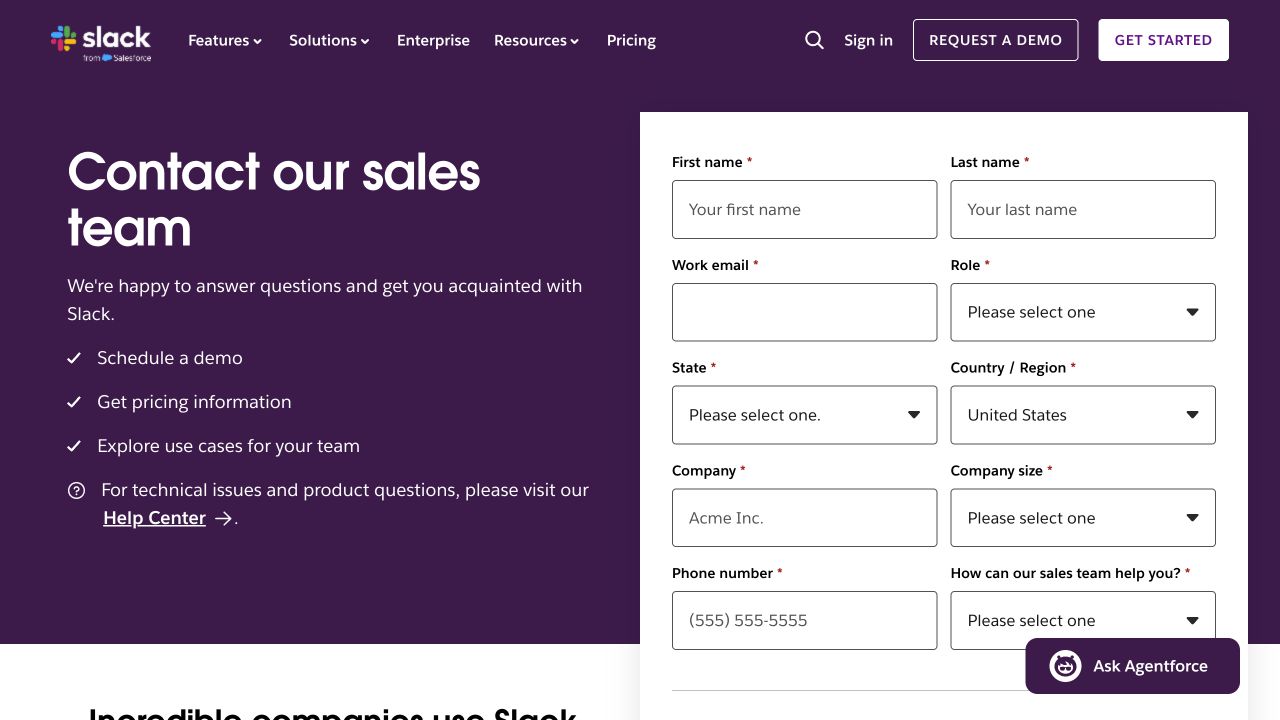 Slack desktop contact-sales form with organization and contact fields