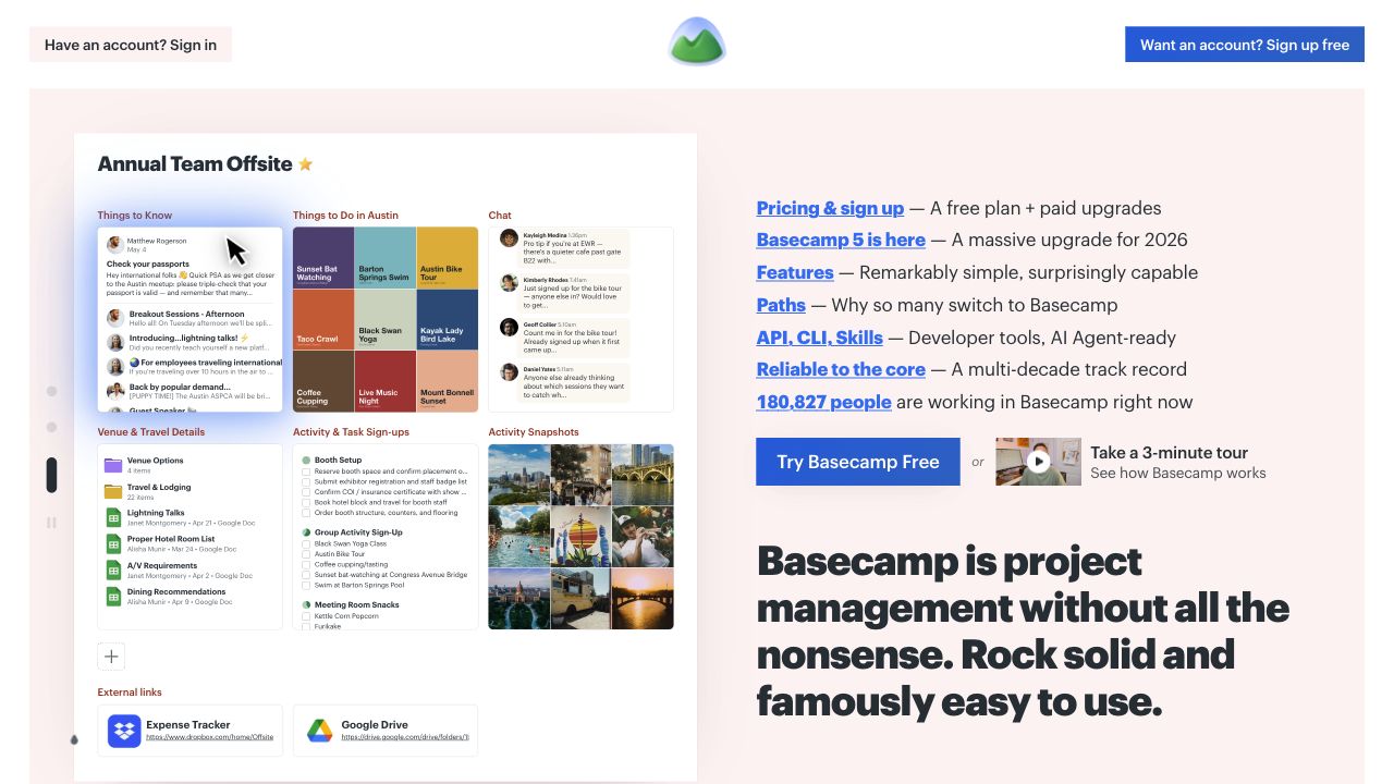 Basecamp desktop homepage showing its project-management category, simplicity message, and public project demonstration