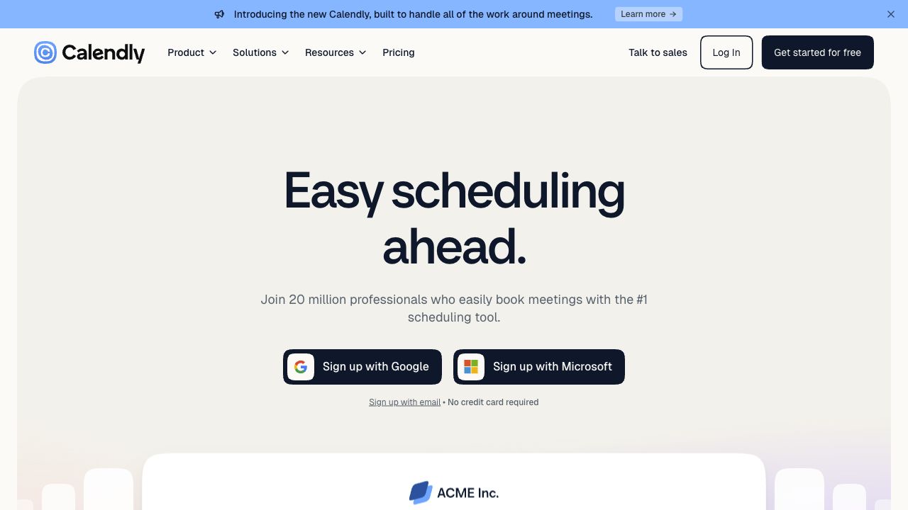Calendly desktop homepage retaining a scheduling headline beneath an announcement about broader meeting work