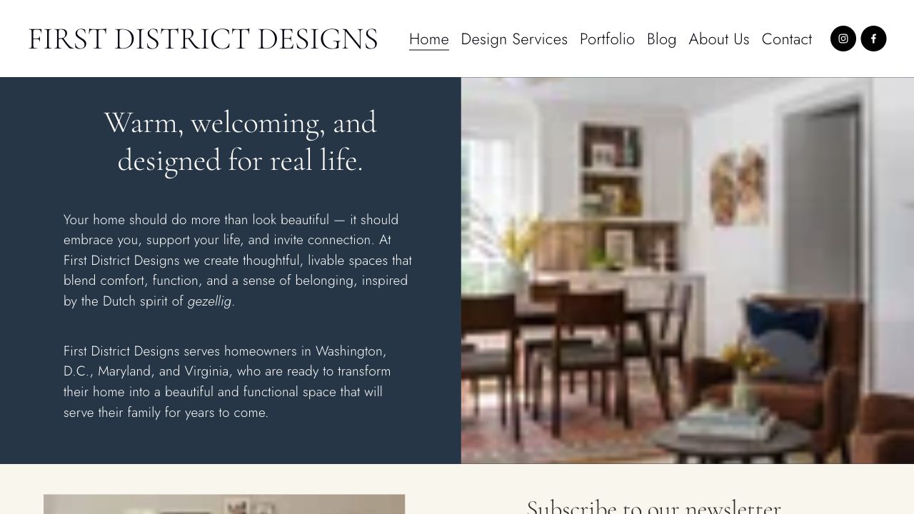 First District Designs desktop homepage pairing a warm-home message with livability, comfort, and geographic service context