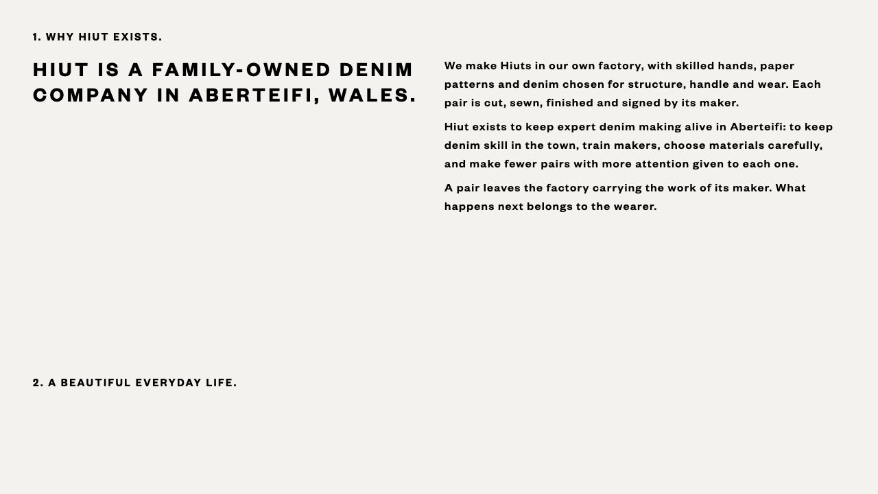 Hiut Denim desktop story excerpt describing its family-owned company, Welsh factory, and making process