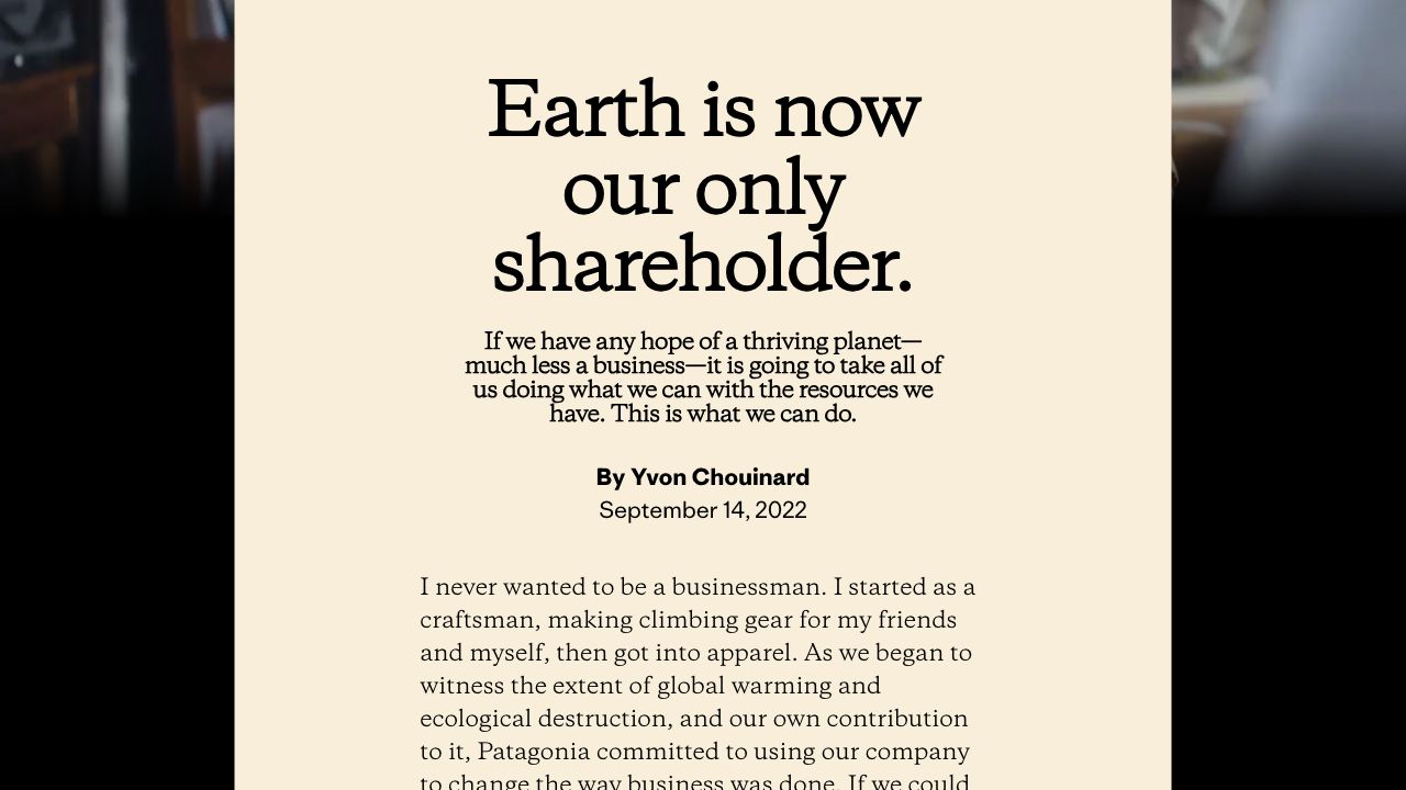 Patagonia desktop ownership-page excerpt showing the Earth shareholder headline and opening of Yvon Chouinard's letter