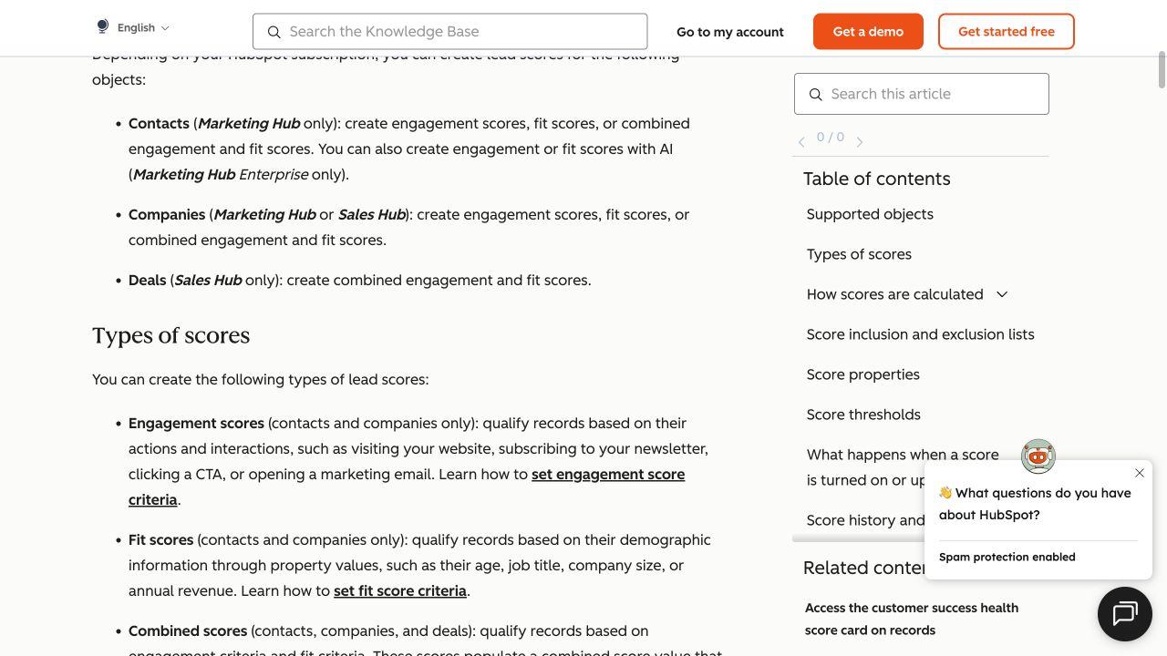 HubSpot documentation explaining fit and engagement score types