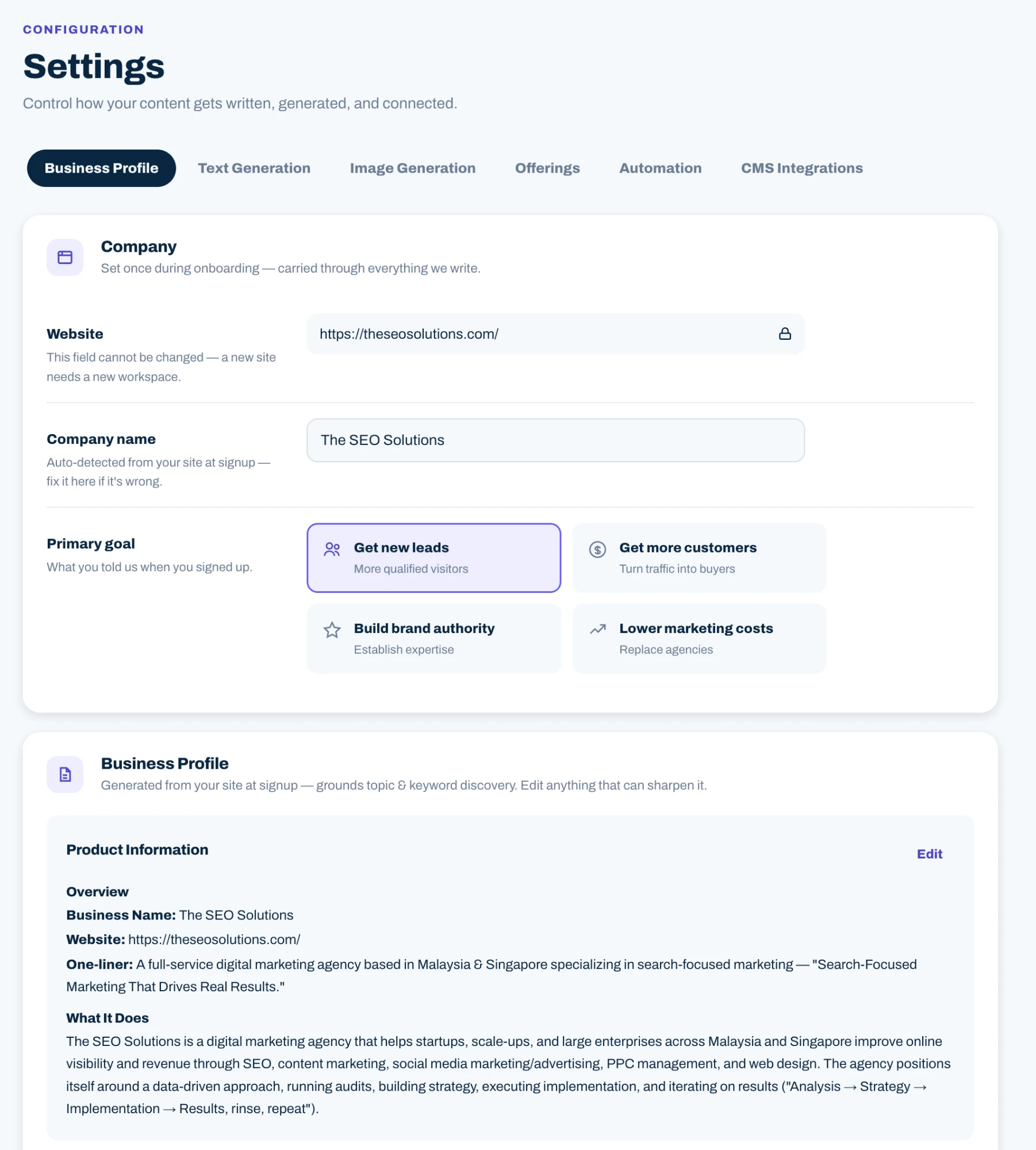 Rankauto business profile settings showing the company context and content goals used to ground article creation
