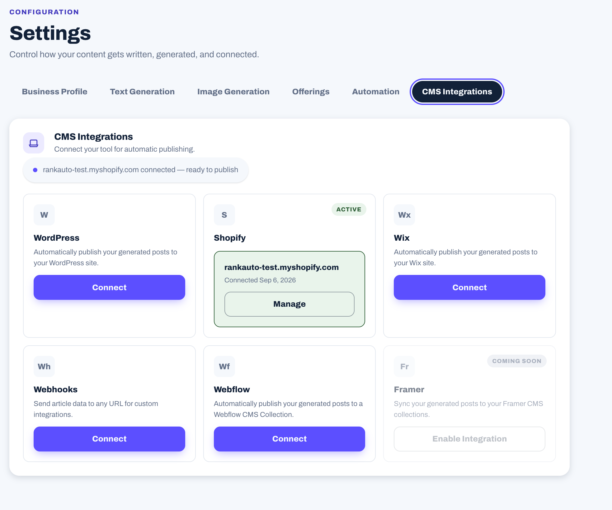 Rankauto CMS integration screen with publishing connections for WordPress, Shopify, Wix, webhooks, Webflow, and Framer