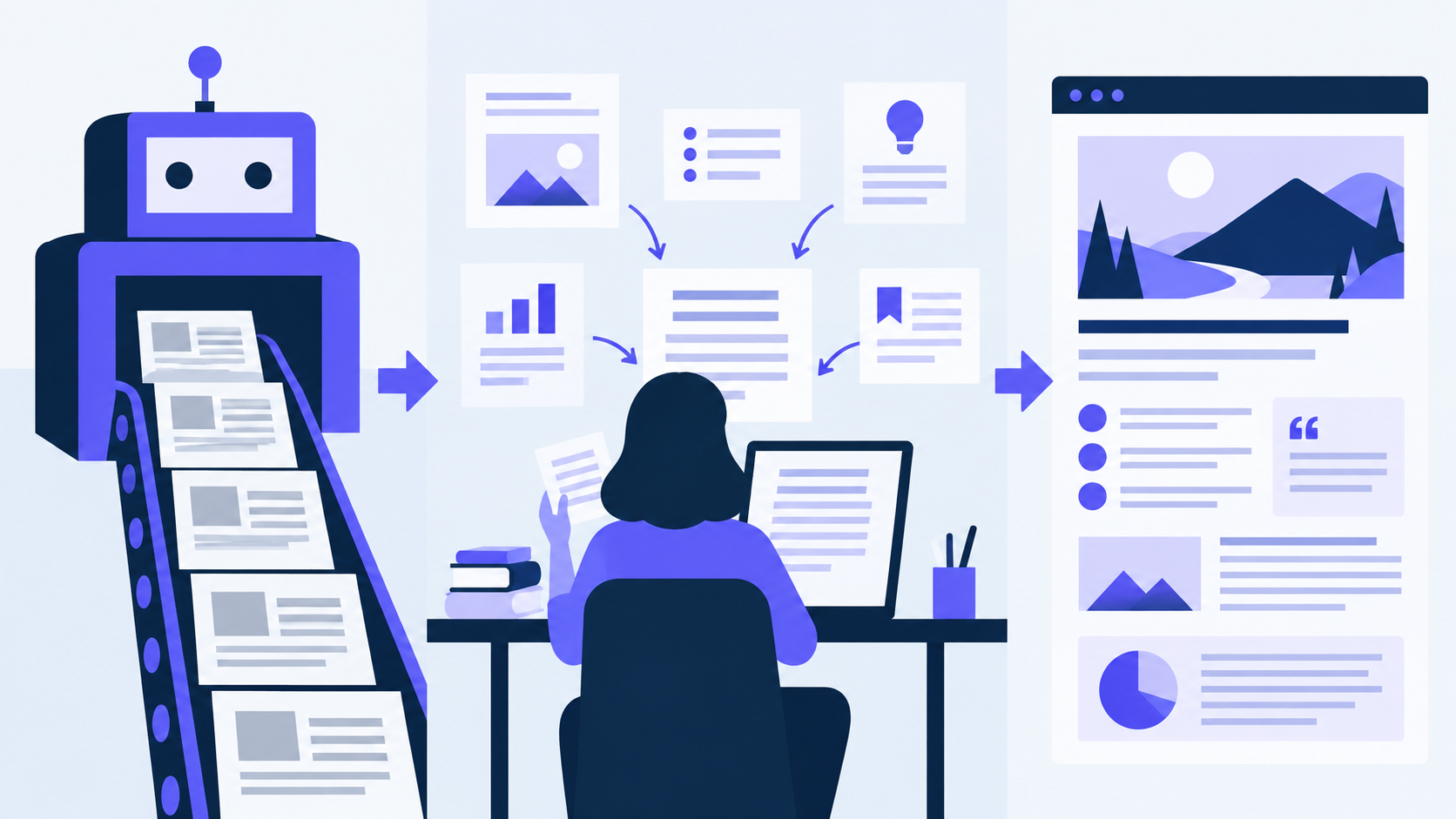 Flat vector illustration showing repetitive machine output transformed through research and editing into a useful article