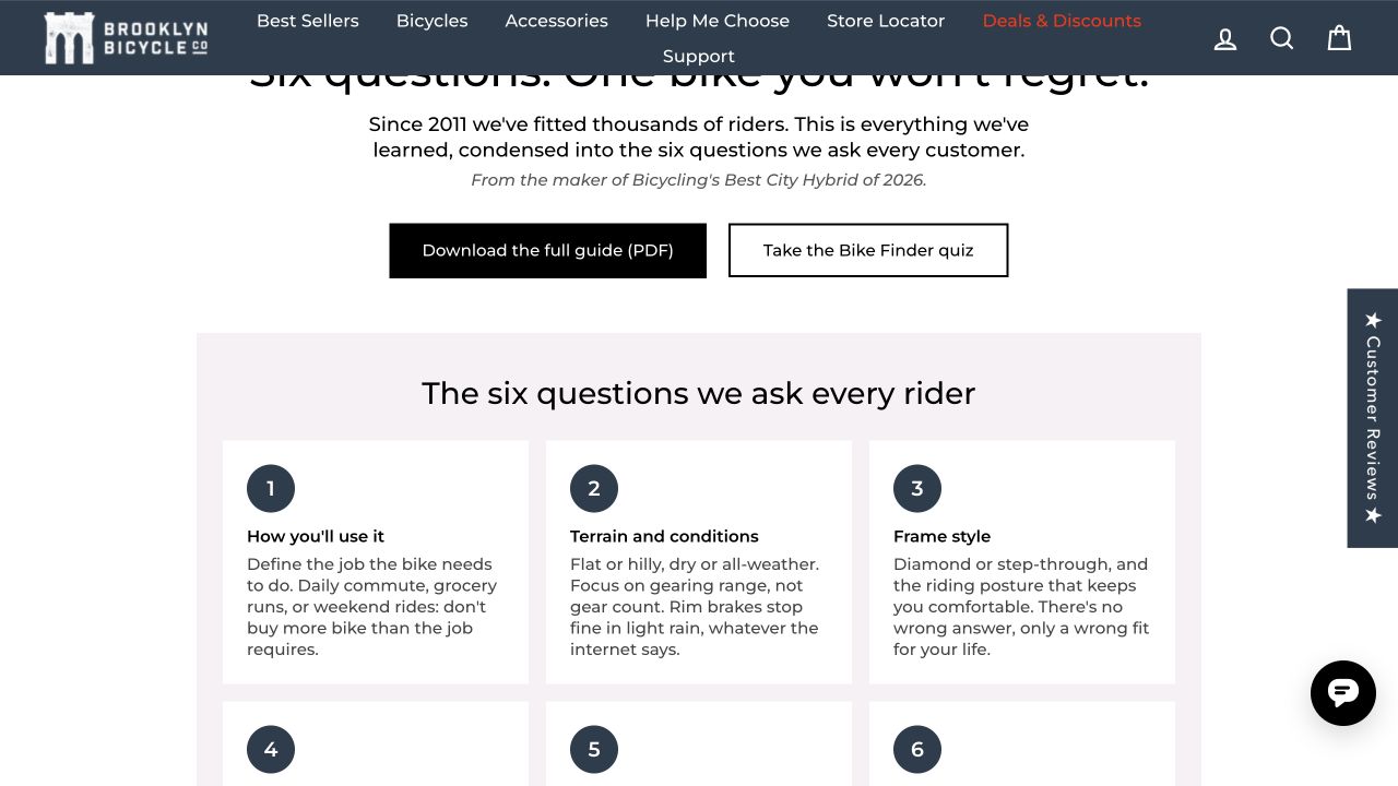 Brooklyn Bicycle Co.’s public buying guide with question-led sections