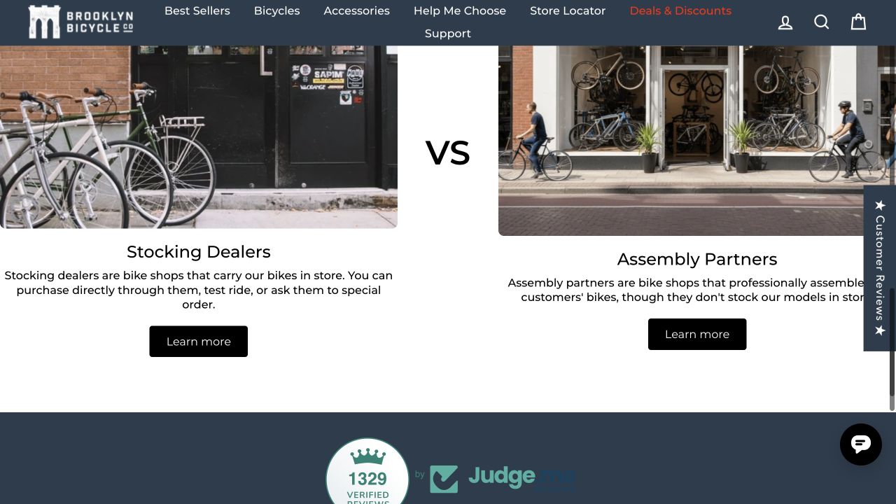 Brooklyn Bicycle Co.’s public locator distinguishing stocking dealers and assembly partners