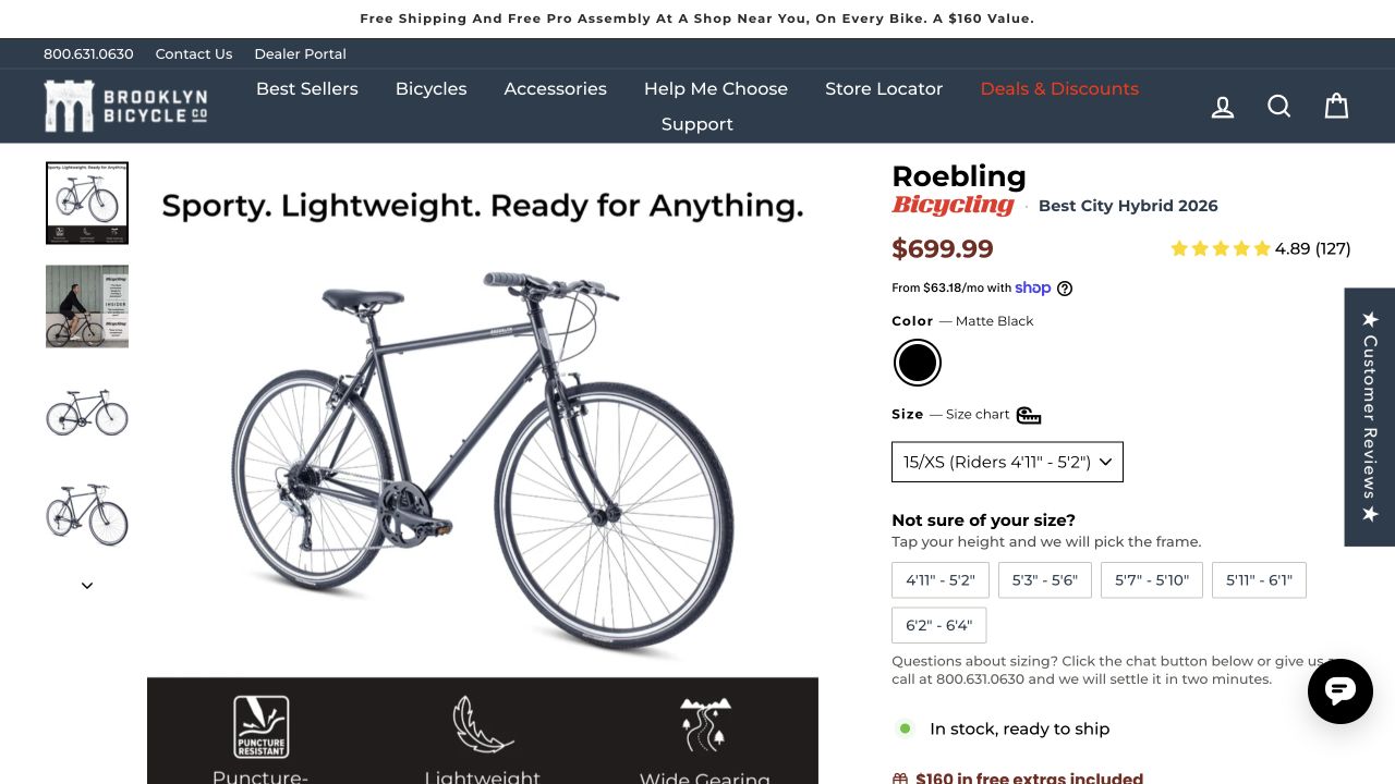 Brooklyn Bicycle Co.’s Roebling product page with a named model, imagery, and size choices