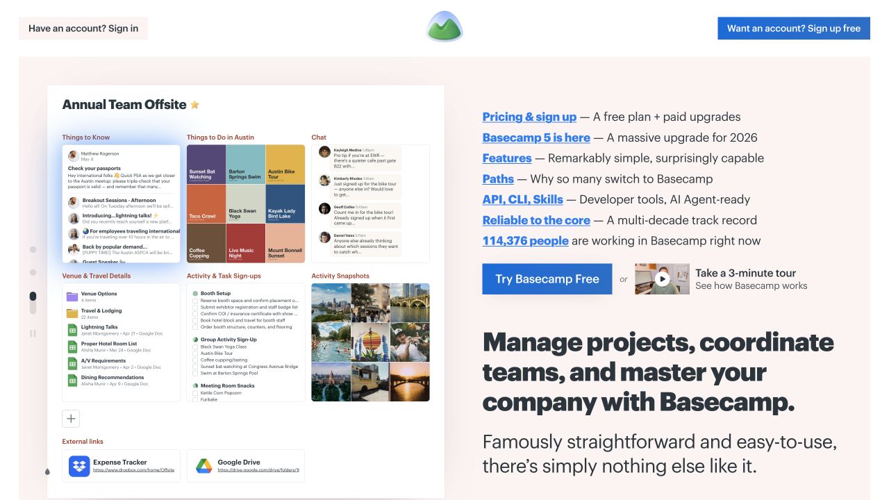 Basecamp’s homepage with project and team context