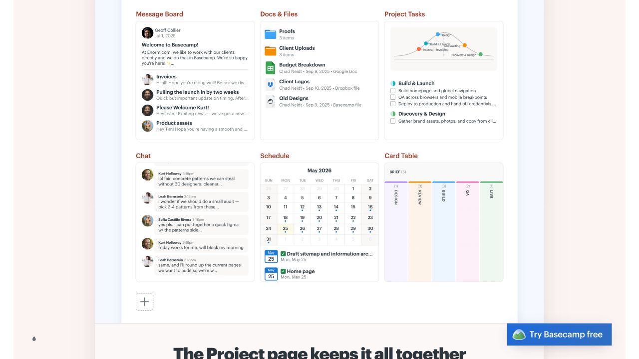 Basecamp’s feature page connecting tool labels with explanations