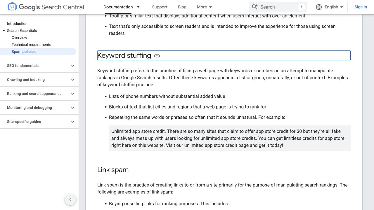 Google’s keyword-stuffing policy in an authentic desktop capture