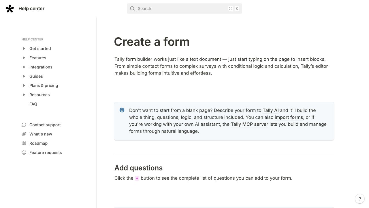 Tally desktop help page explaining how to create a form and add questions