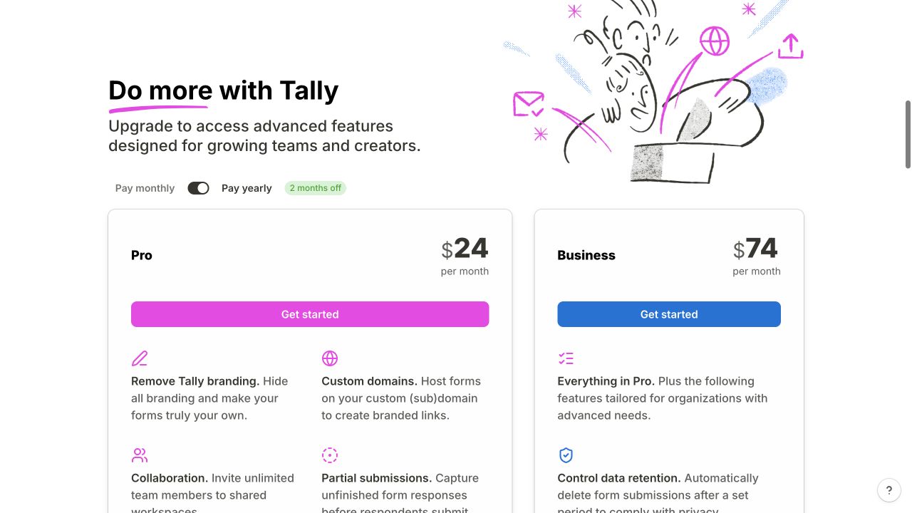 Tally desktop pricing section distinguishing Pro and Business plans with billing context