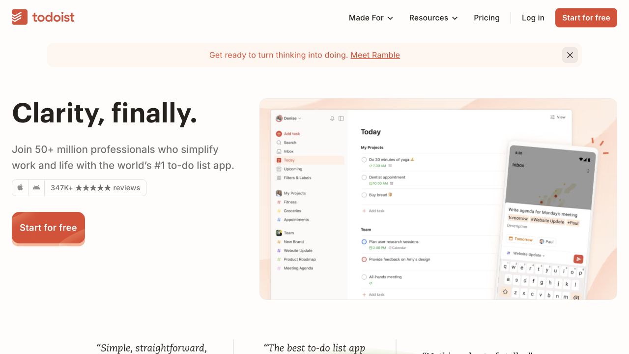 Todoist desktop homepage with a short clarity headline, adjacent category wording and task interface imagery