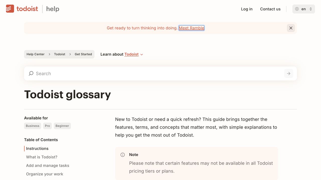 Todoist desktop glossary showing terminology guidance, table of contents and plan-availability qualification