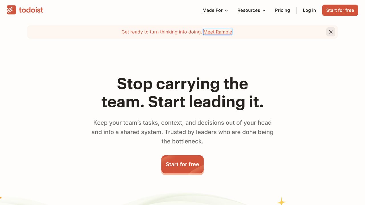 Todoist desktop teamwork page with audience-specific leadership messaging and a first action
