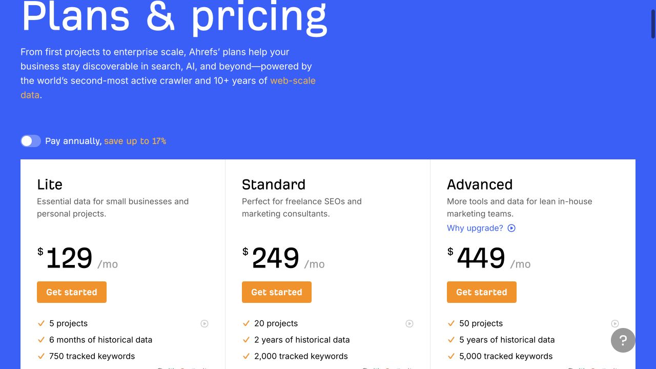 Ahrefs’ public monthly pricing cards for Lite, Standard, and Advanced