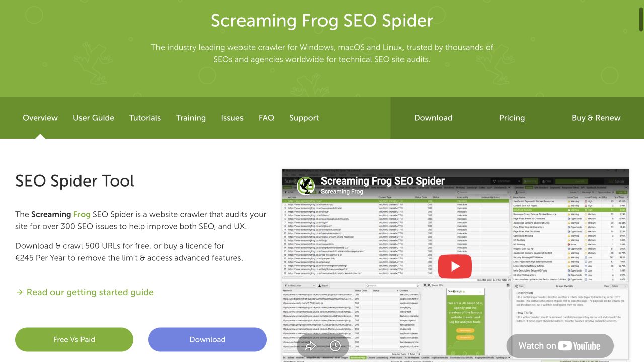 Screaming Frog’s public SEO Spider page showing the 500-URL free limit and regional paid pricing