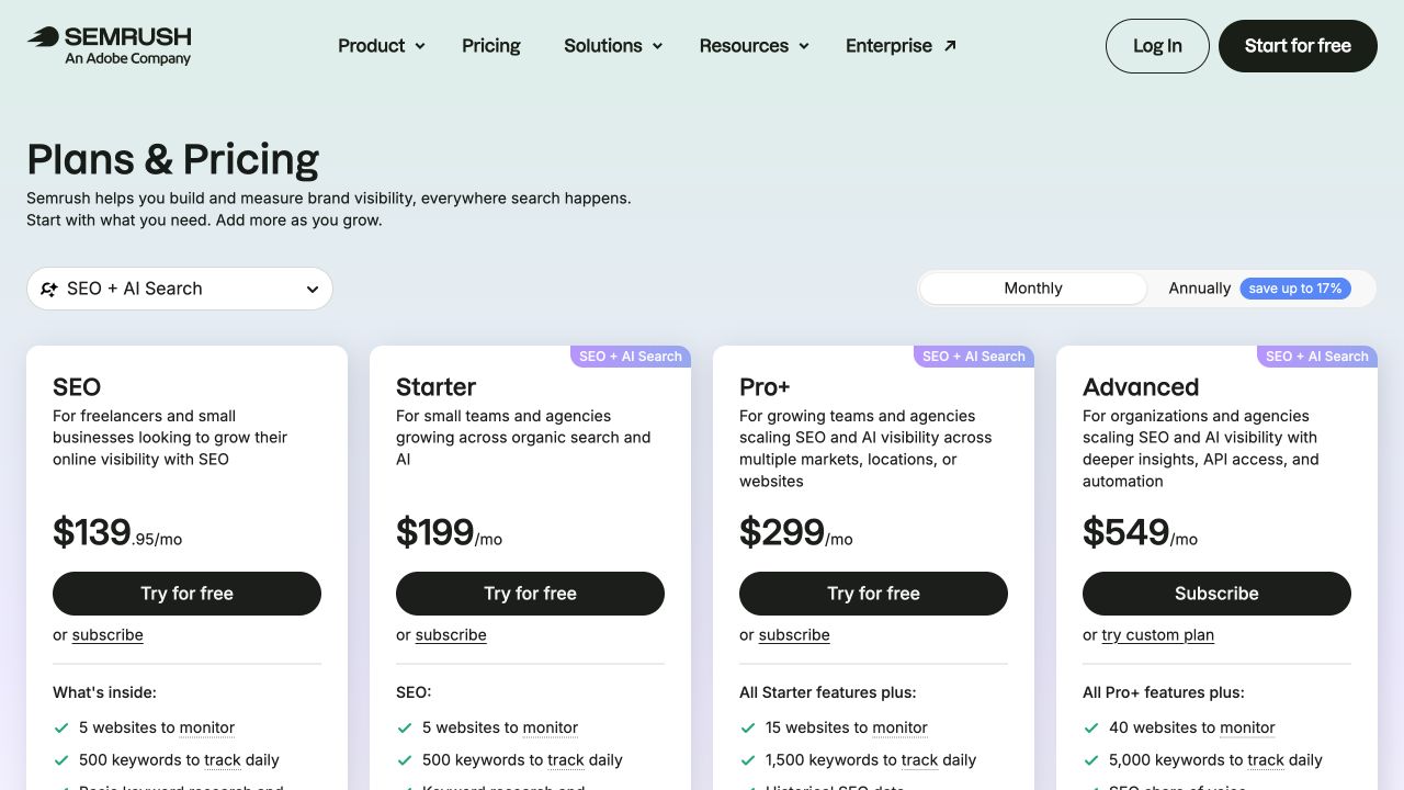 Semrush’s public monthly SEO and AI Search cards with plan prices and allowances