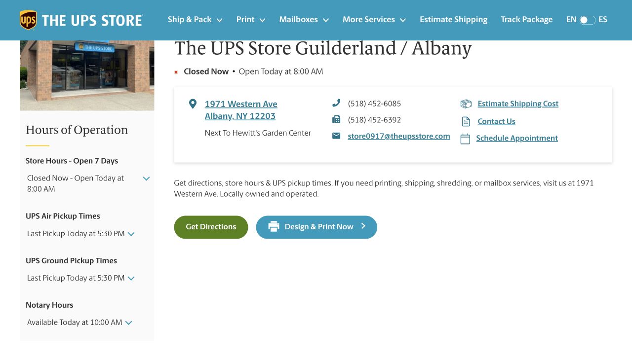 The UPS Store Albany desktop branch page with address, contact actions, pickup times and notary hours