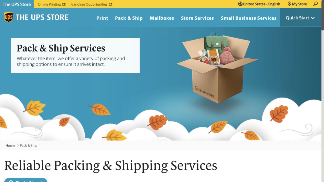 The UPS Store desktop Pack and Ship page showing the service category and packing imagery