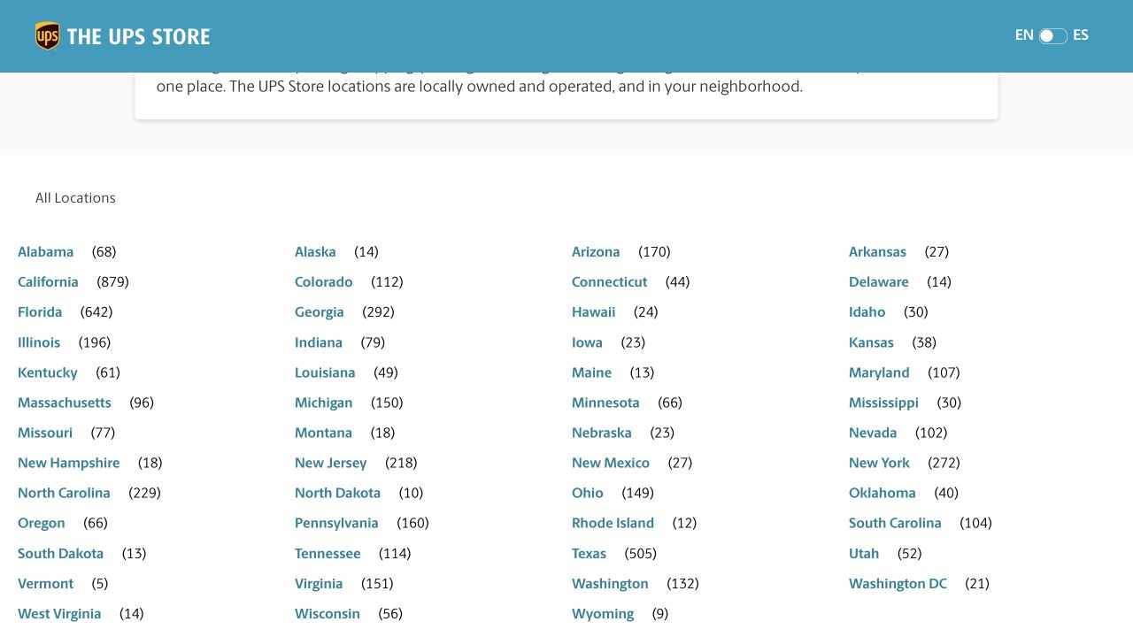 The UPS Store desktop directory with state links arranged in columns