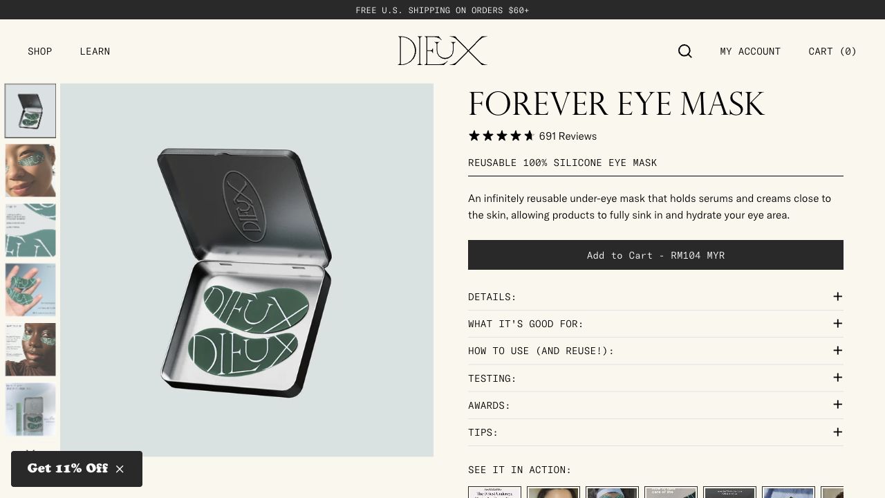 Dieux desktop product page showing reusable silicone eye masks and supporting use and testing sections