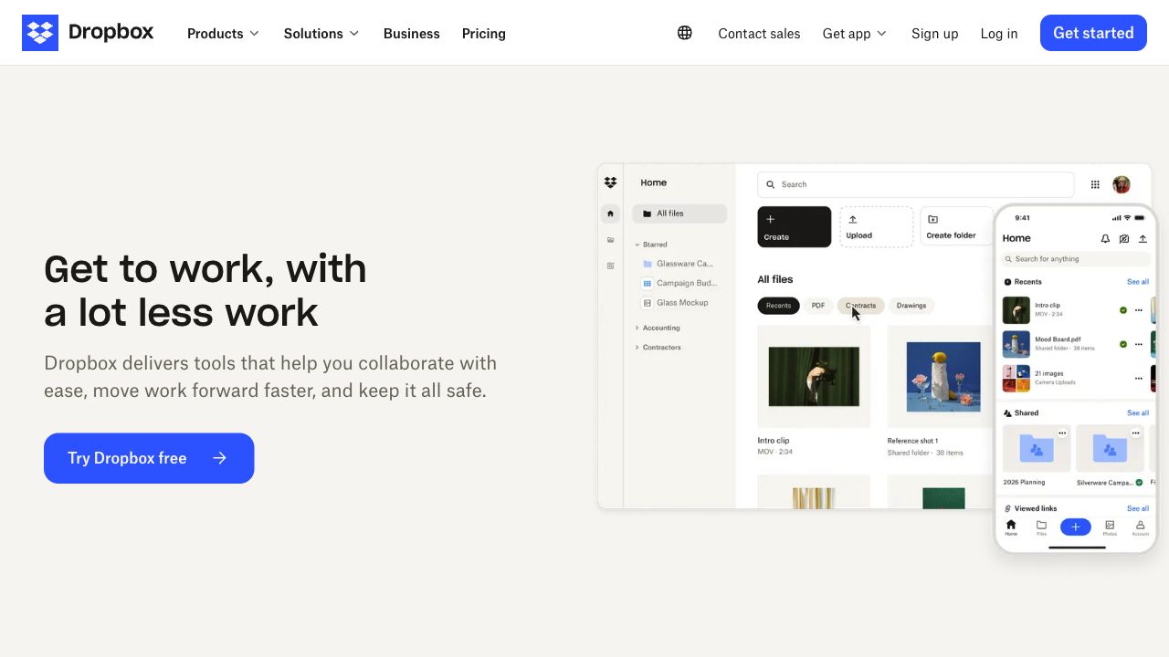 Dropbox desktop homepage pairing a less-work promise with public file and collaboration imagery