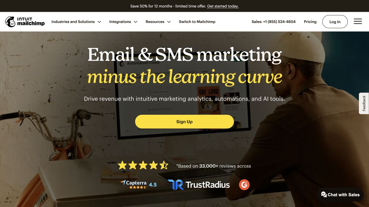 Mailchimp desktop homepage combining email and SMS marketing with a learning-curve message