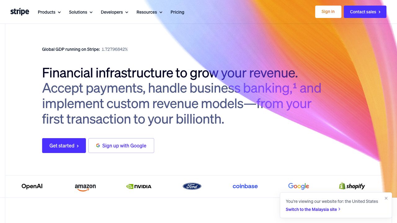 Stripe US desktop homepage connecting financial infrastructure and revenue growth to specific product areas