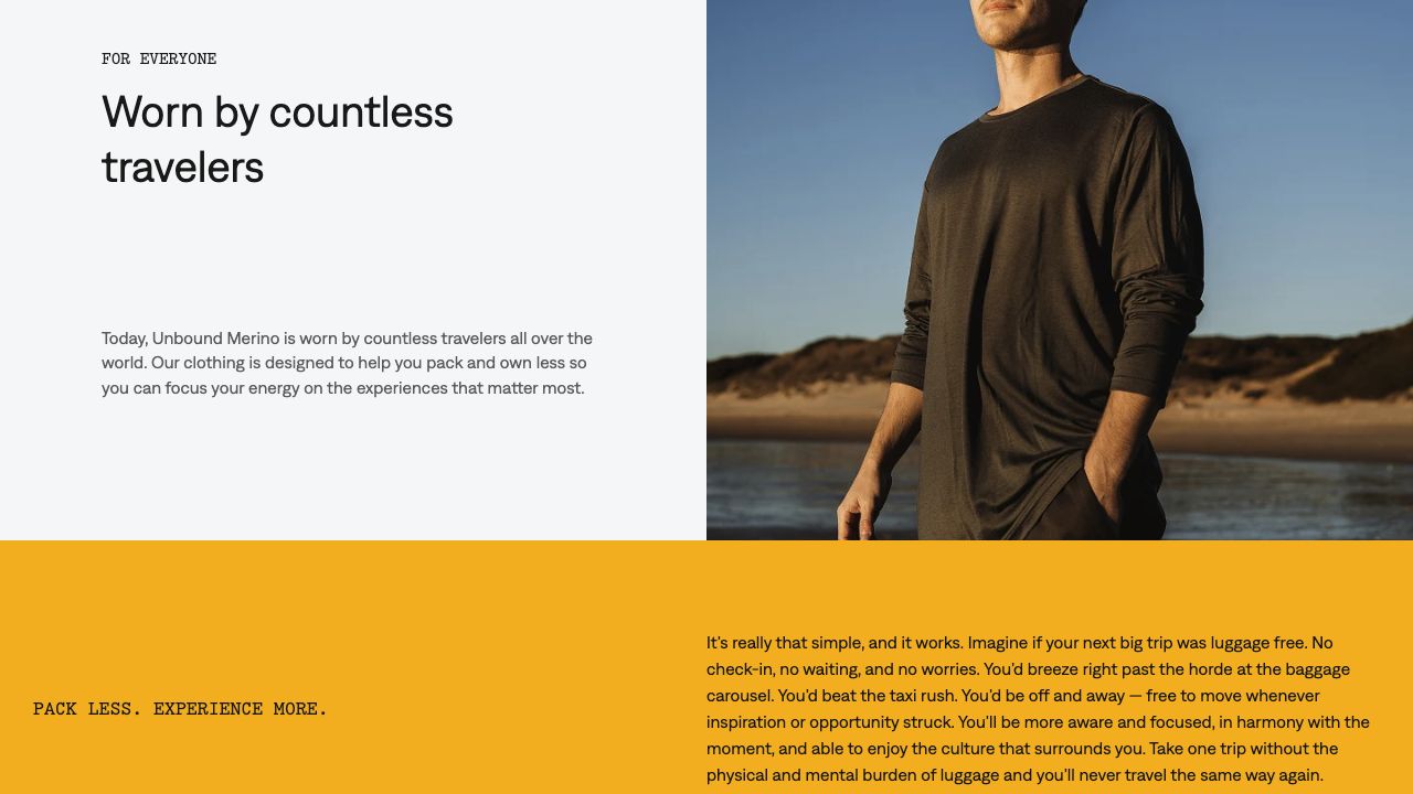 Unbound Merino desktop story excerpt connecting versatile clothing to packing less and experiencing more