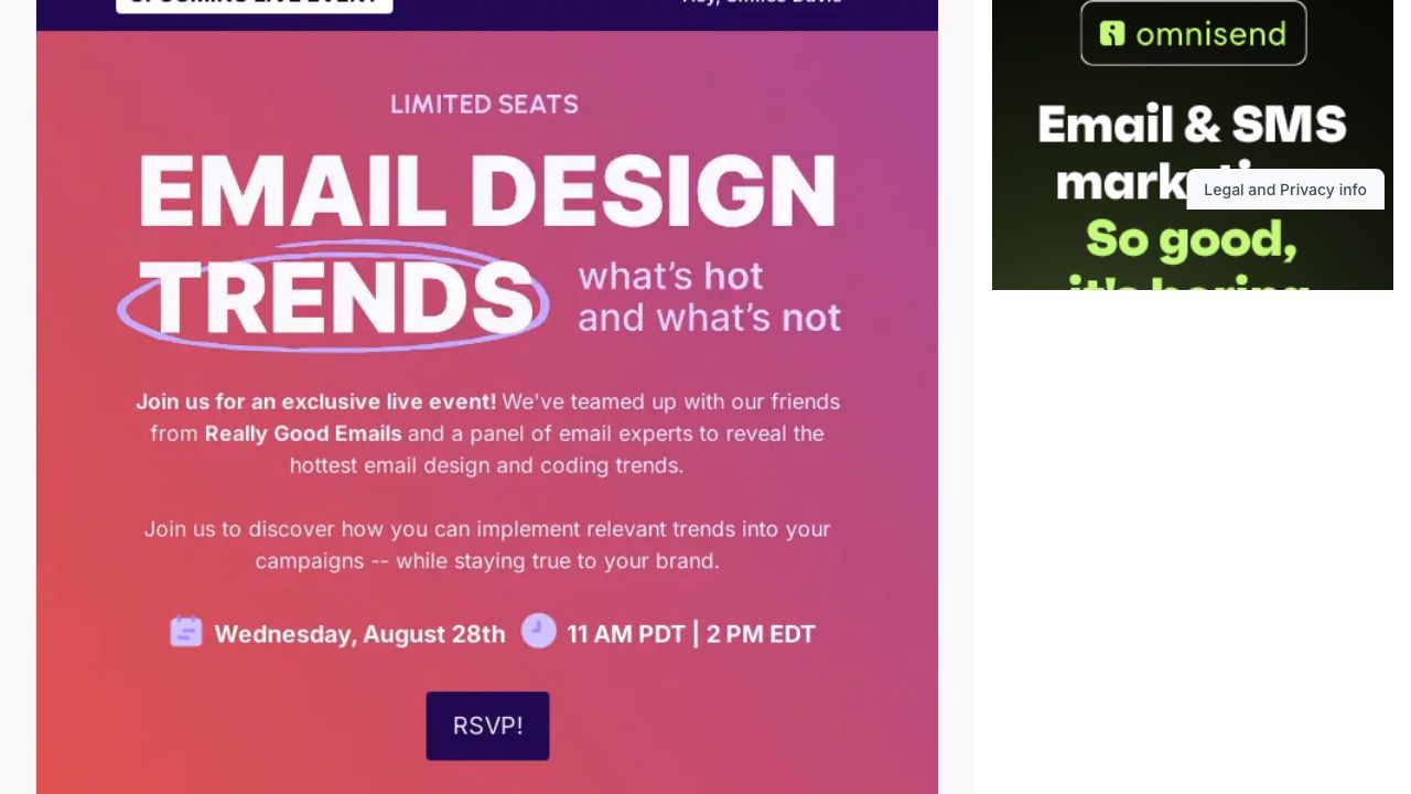 Archived Beefree desktop email excerpt showing email design trends, practical application, event time zones, and an RSVP button