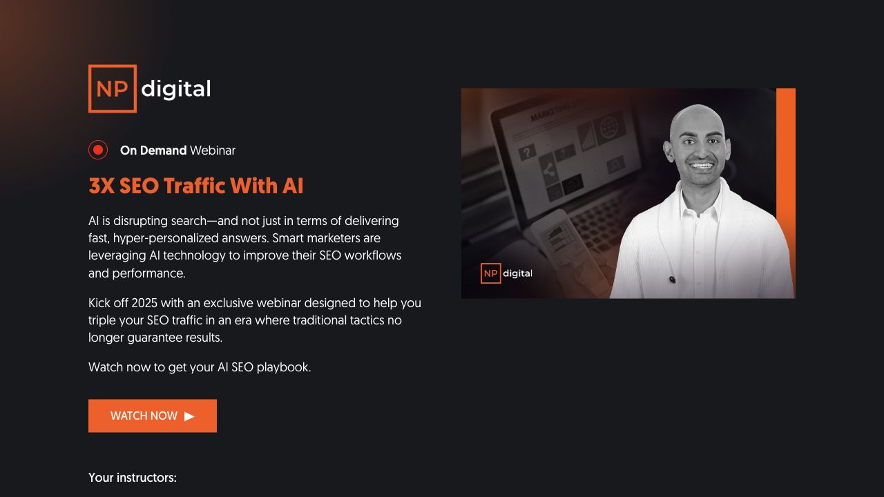NP Digital desktop webinar page showing on-demand status and a watch action