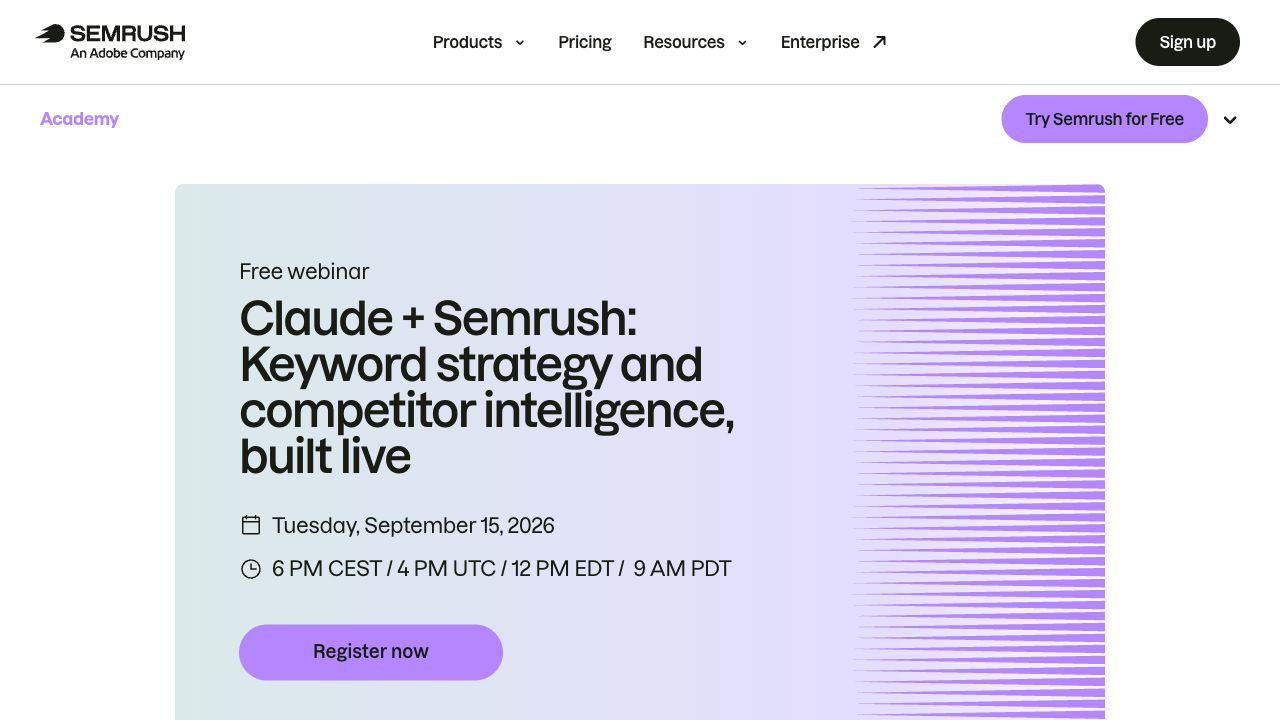 Semrush desktop webinar page naming a live keyword strategy and competitor intelligence workflow with event time zones