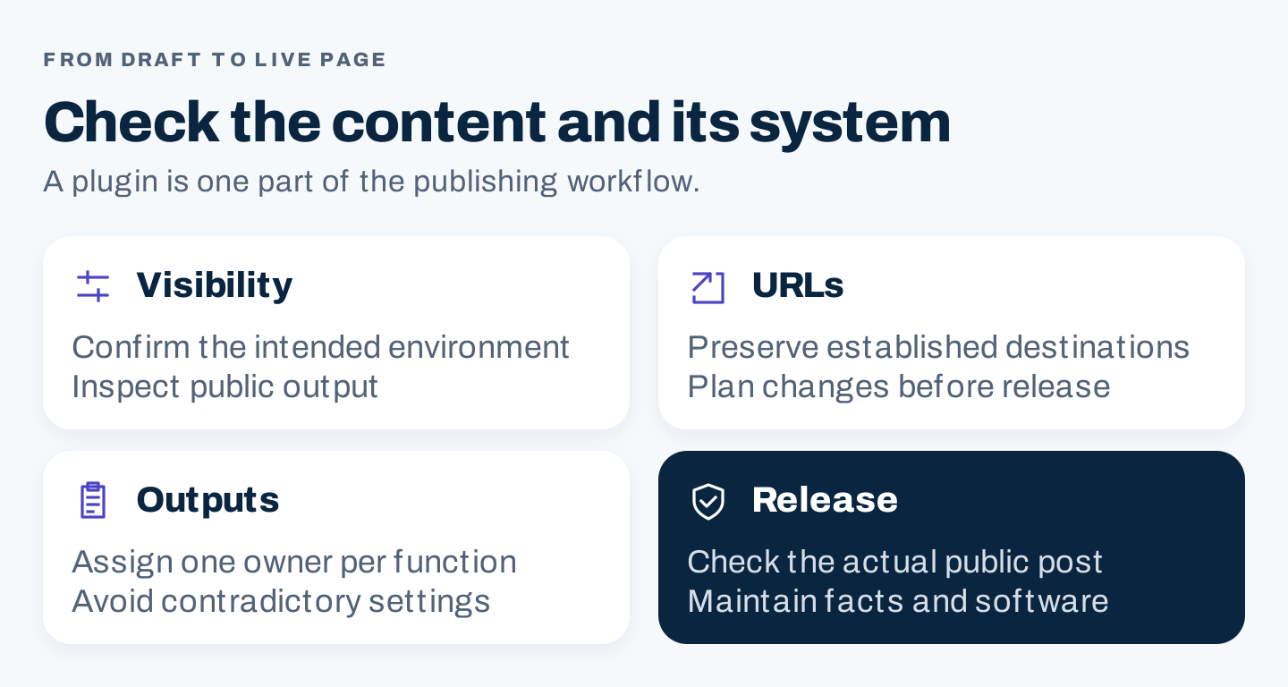 WordPress publication checks cover visibility, stable URLs, clear output ownership, and the live page