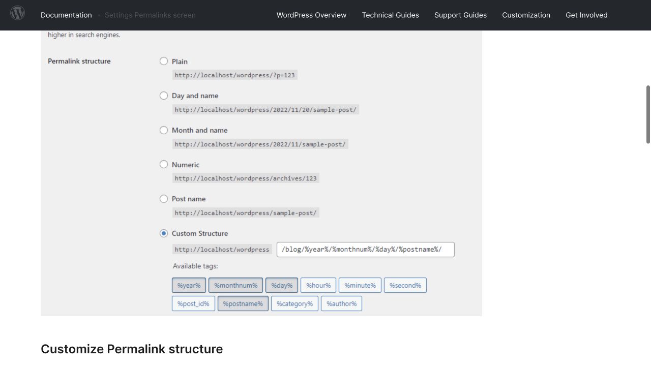 WordPress.org’s documentation illustration with the available permalink structure options