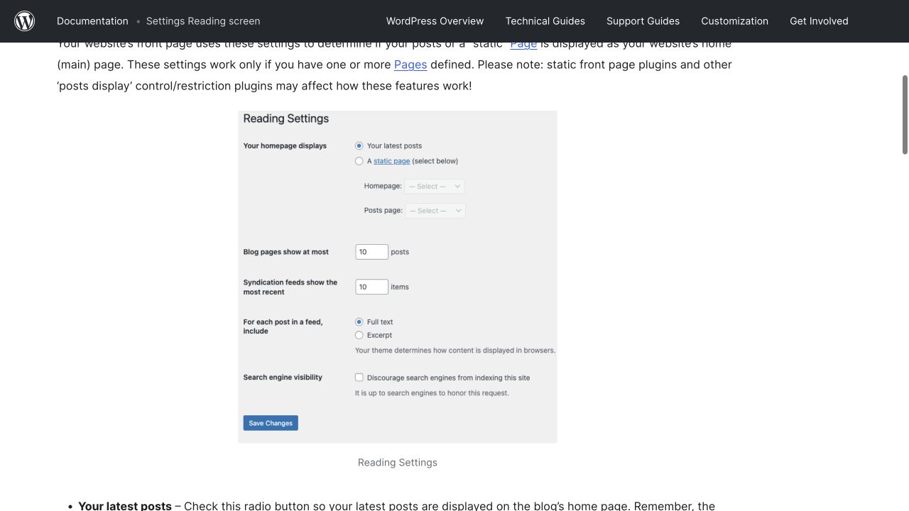 WordPress.org’s Reading settings documentation showing the search engine visibility checkbox