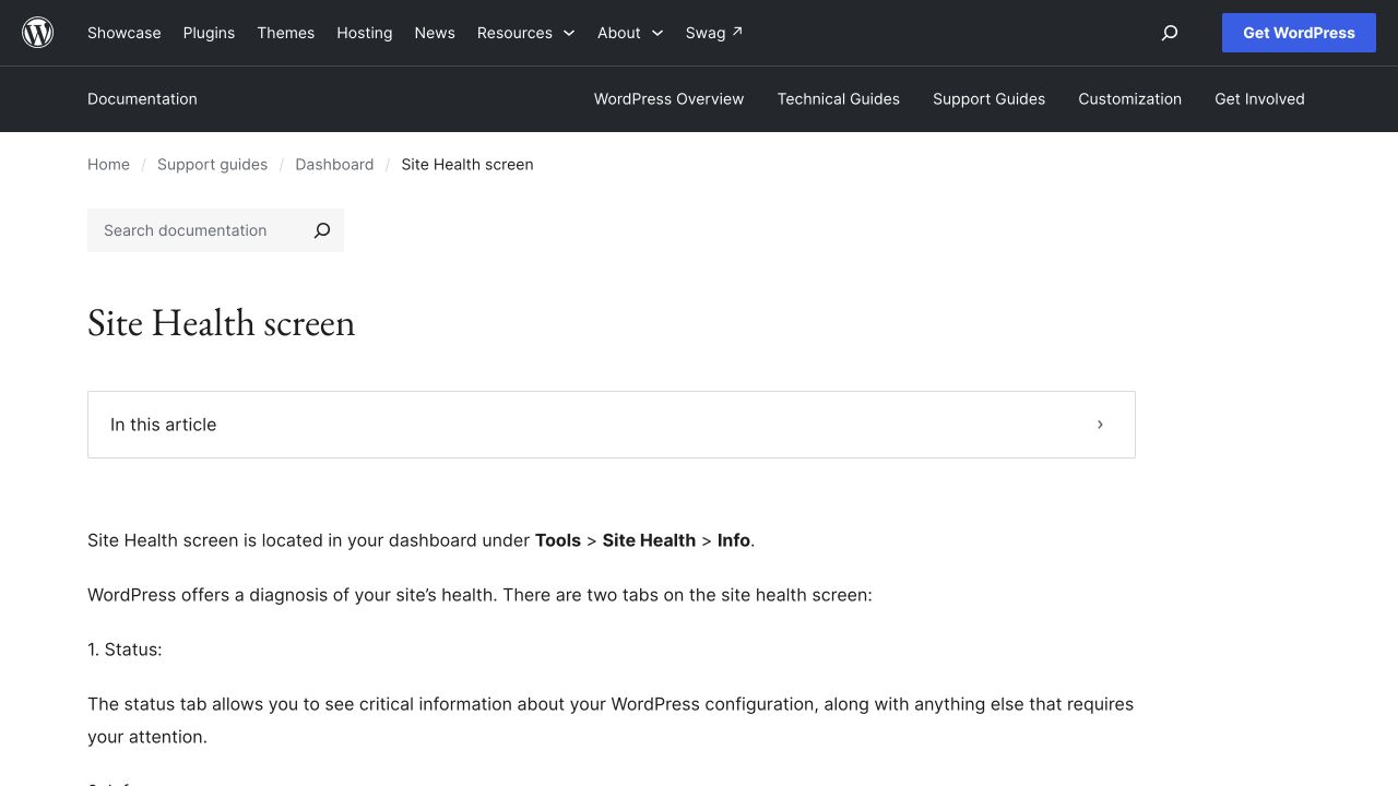 WordPress.org’s Site Health documentation introducing the Status and Info tabs